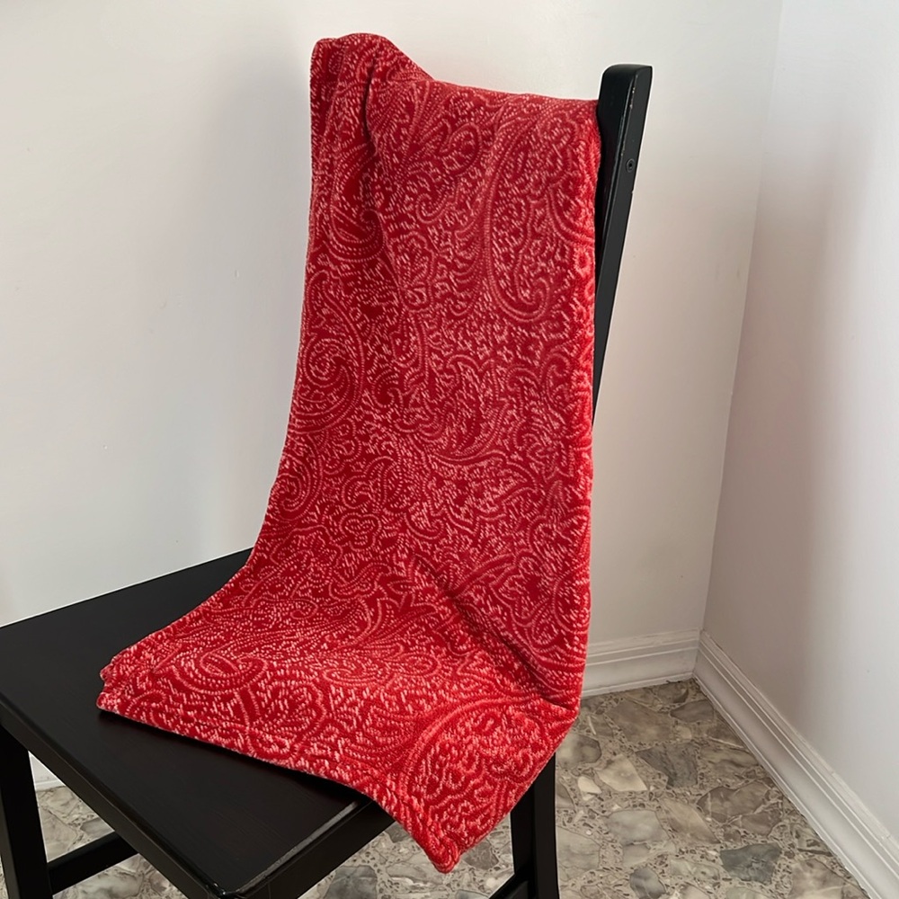 Ralph Lauren Red and White Plush Throw Blanket